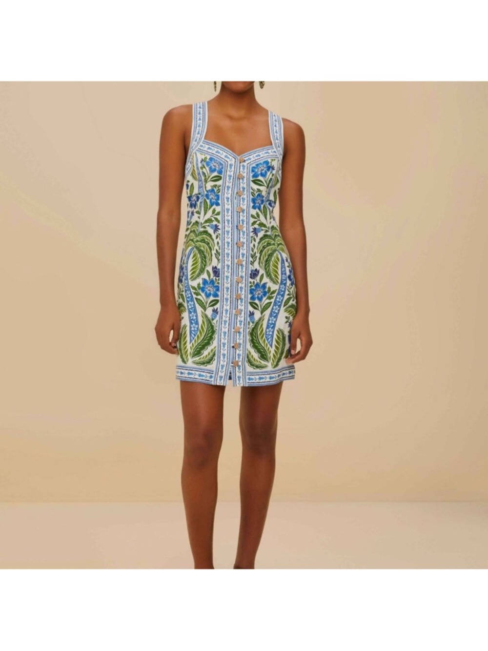 FARM Rio Blue, Green and White Embroidered Mini Dress